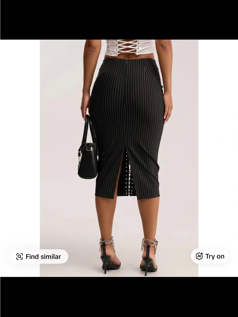 AKIRA Black Pinstripe Lace-Up Midi Pencil Skirt